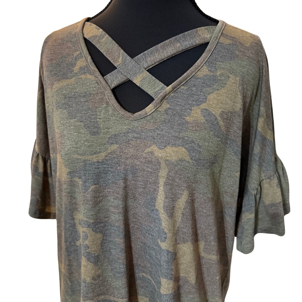 7th Ray Olive Camo Criss-Cross‎ Top Ruffle Sleeve - Picture 3 of 5